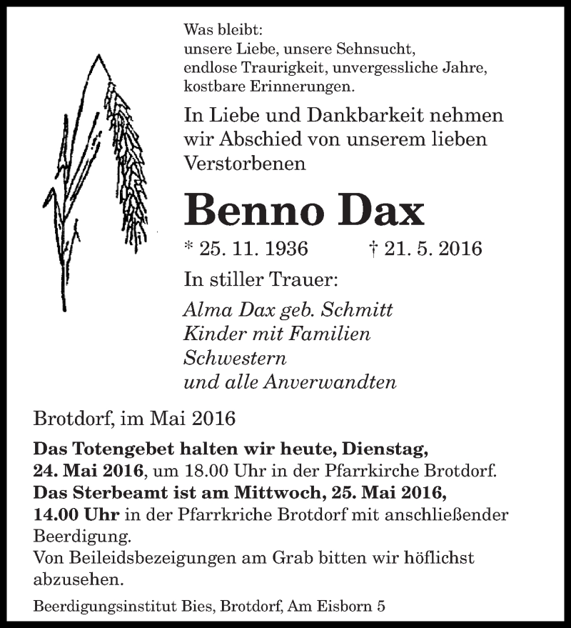  Traueranzeige für Benno Dax vom 24.05.2016 aus saarbruecker_zeitung