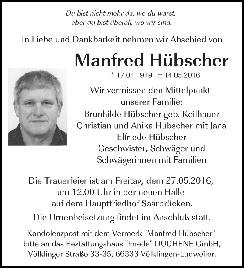 Traueranzeige für Manfred Hübscher vom 21.05.2016 aus saarbruecker_zeitung