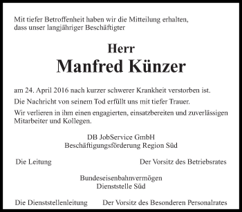 Traueranzeige von Manfred Künzer von saarbruecker_zeitung