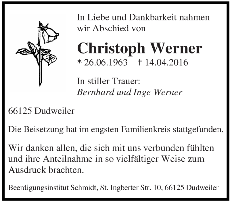  Traueranzeige für Christoph Werner vom 30.04.2016 aus saarbruecker_zeitung