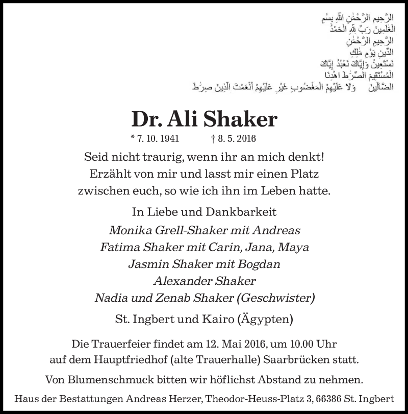  Traueranzeige für Ali Shaker vom 11.05.2016 aus saarbruecker_zeitung