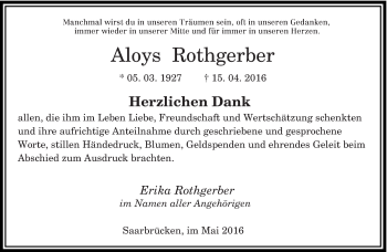 Traueranzeige von Aloys Rothgerber von saarbruecker_zeitung