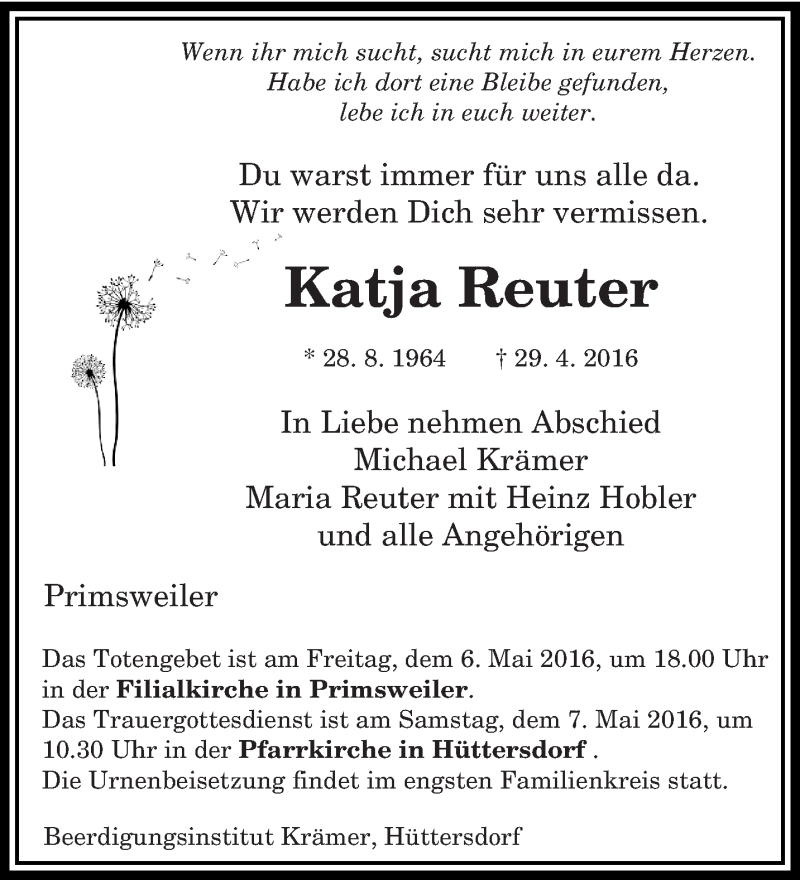  Traueranzeige für Katja Reuter vom 04.05.2016 aus saarbruecker_zeitung