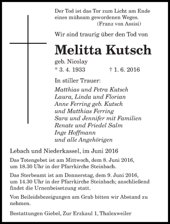 Traueranzeige von Melitta Kutsch von saarbruecker_zeitung