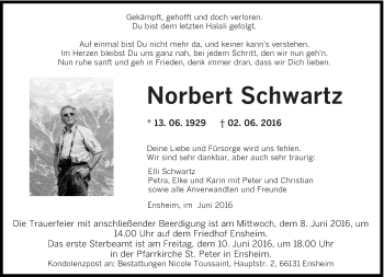 Traueranzeige von Norbert Schwartz von saarbruecker_zeitung