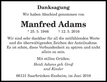 Traueranzeige von Manfred Adams von saarbruecker_zeitung