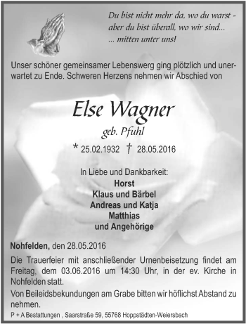 Traueranzeige von Else Wagner von saarbruecker_zeitung
