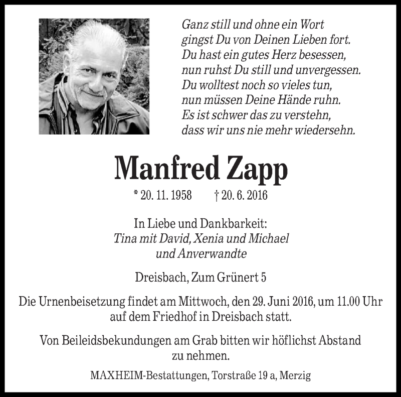  Traueranzeige für Manfred Zapp vom 24.06.2016 aus saarbruecker_zeitung