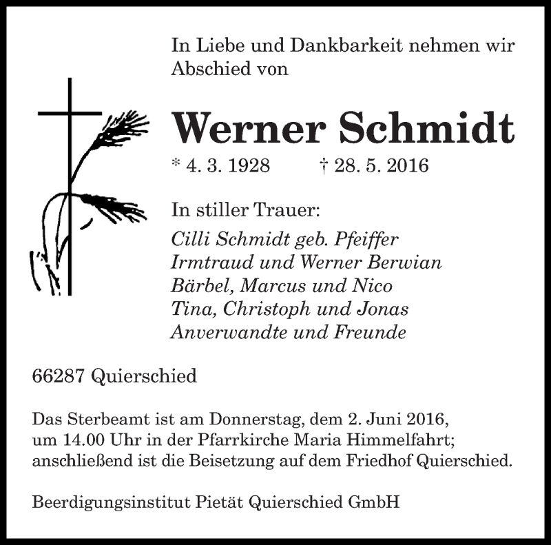 Traueranzeigen Von Werner Schmidt Saarbruecker Zeitung Trauer De