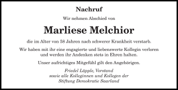 Traueranzeige von Marliese Melchior von saarbruecker_zeitung