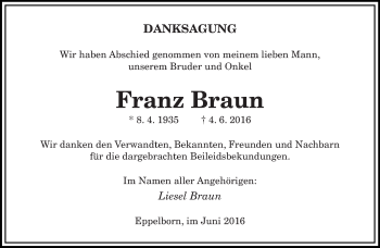 Traueranzeigen Von Franz Braun Saarbruecker Zeitung Trauer De