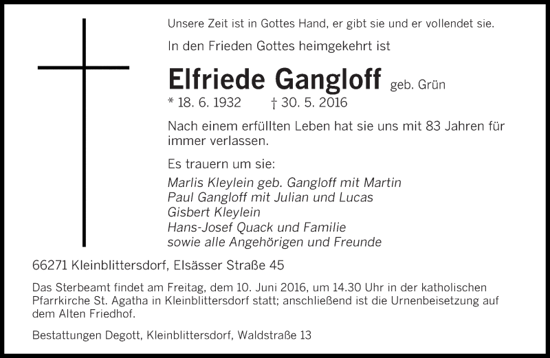  Traueranzeige für Elfriede Gangloff vom 04.06.2016 aus saarbruecker_zeitung