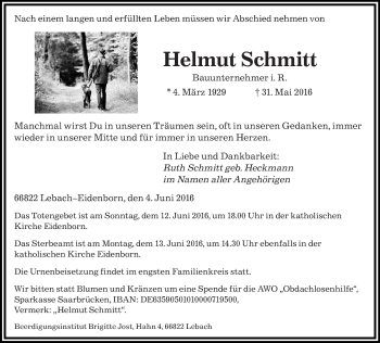 Traueranzeige von Helmut Schmitt von saarbruecker_zeitung