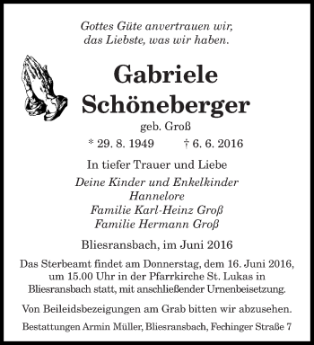 Traueranzeigen von Gabriele Schöneberger Saarbruecker Zeitung Trauer de