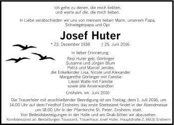 Traueranzeige von Josef Huter von saarbruecker_zeitung