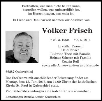 Traueranzeige von Volker Frisch von saarbruecker_zeitung