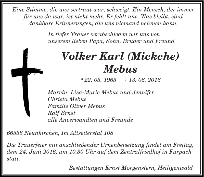  Traueranzeige für Volker Karl Mebus vom 20.06.2016 aus saarbruecker_zeitung