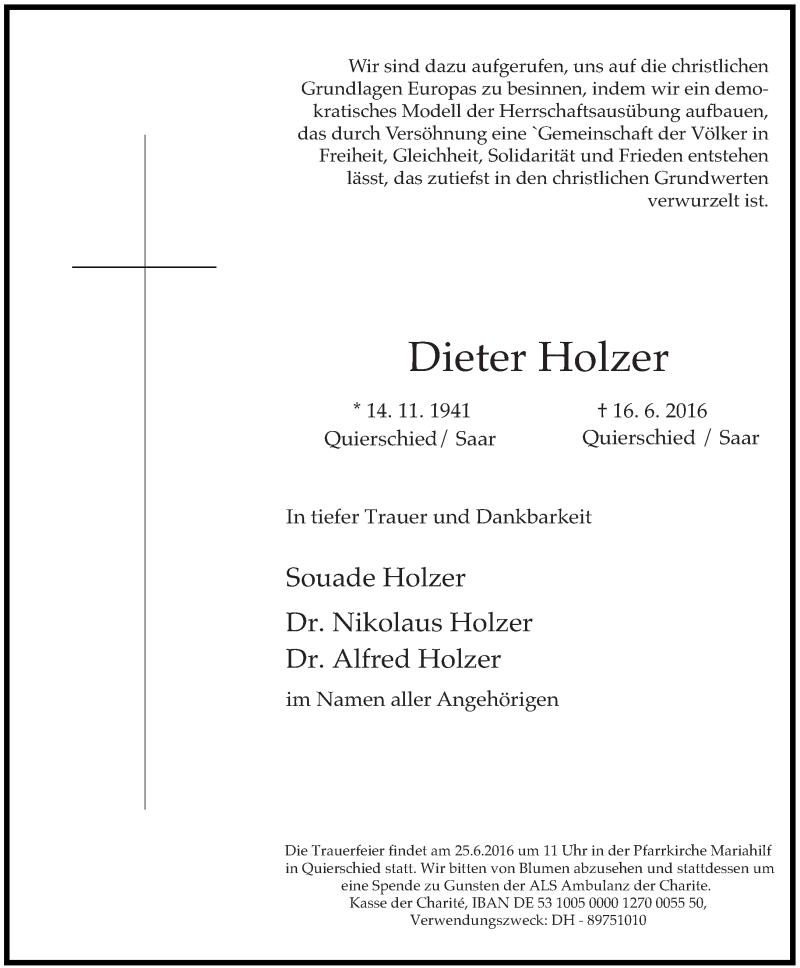 Traueranzeigen Von Dieter Holzer Saarbruecker Zeitung Trauer De