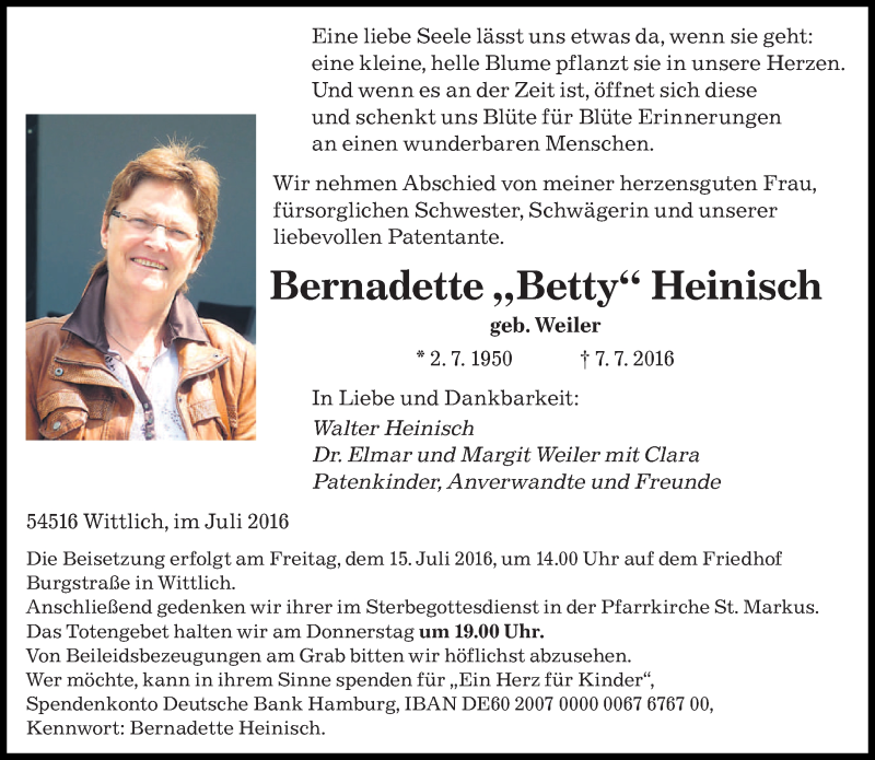  Traueranzeige für Bernadette Heinisch vom 12.07.2016 aus saarbruecker_zeitung