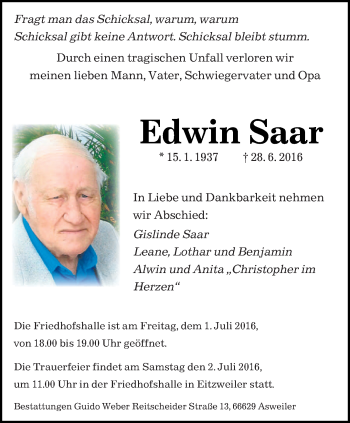 Traueranzeige von Edwin Saar von saarbruecker_zeitung