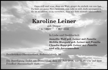 Traueranzeige von Karoline Leiner von saarbruecker_zeitung