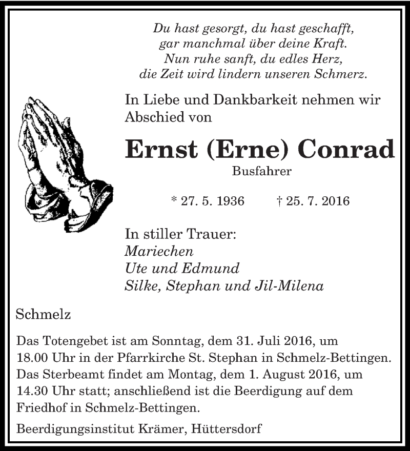 Traueranzeigen Von Ernst Conrad Saarbruecker Zeitung Trauer De