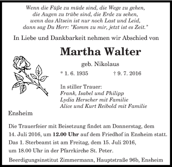 Traueranzeige von Martha Walter von saarbruecker_zeitung