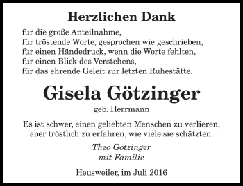 Traueranzeige von Gisela Götzinger von saarbruecker_zeitung
