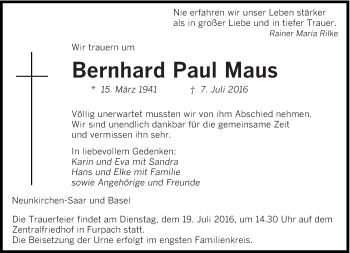 Traueranzeige von Bernhard Paul Maus von saarbruecker_zeitung