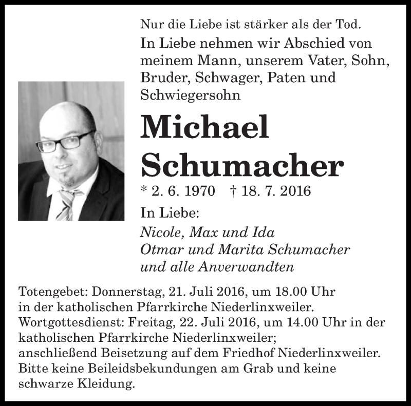  Traueranzeige für Michael Schumacher vom 20.07.2016 aus saarbruecker_zeitung