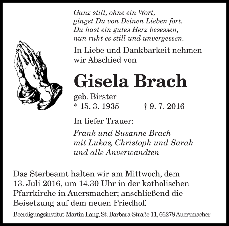  Traueranzeige für Gisela Brach vom 11.07.2016 aus saarbruecker_zeitung