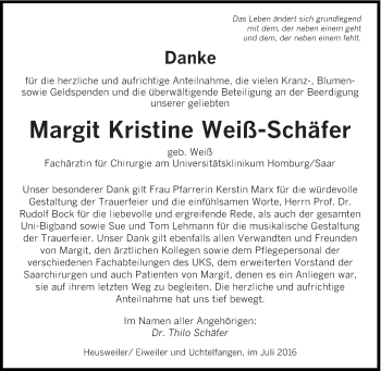 Traueranzeige von Margit Kristine Weiß-Schäfer von saarbruecker_zeitung