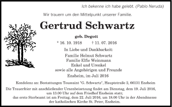 Traueranzeige von Gertrud Schwartz von saarbruecker_zeitung