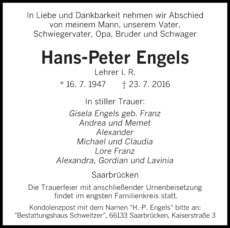  Traueranzeige für Hans-Peter Engels vom 30.07.2016 aus saarbruecker_zeitung