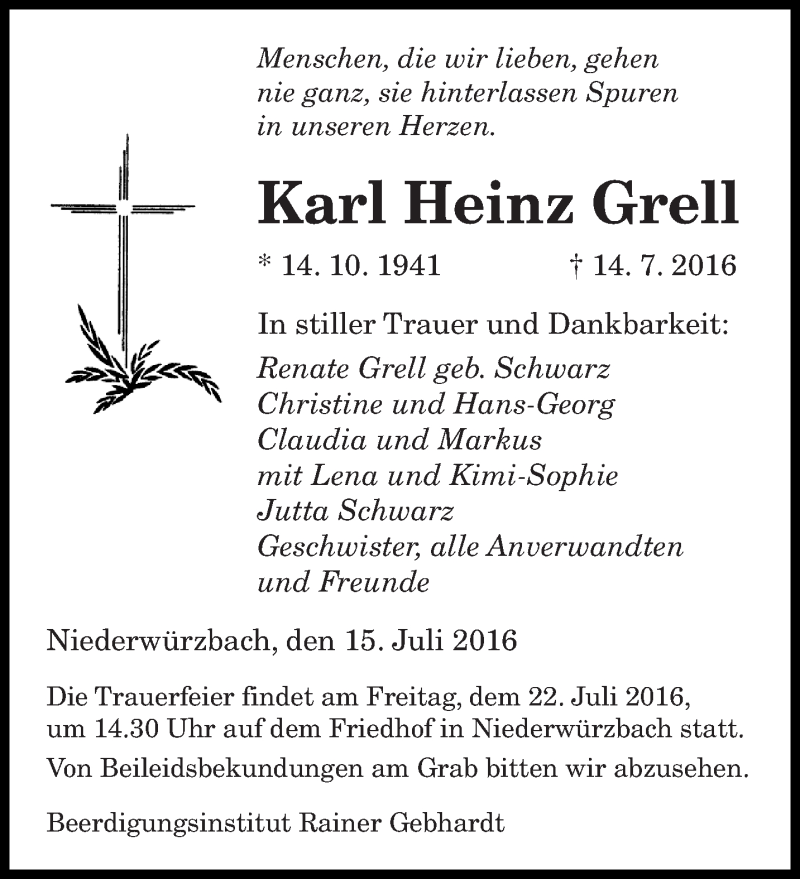 Traueranzeigen Von Karl Heinz Grell Saarbruecker Zeitung Trauer De