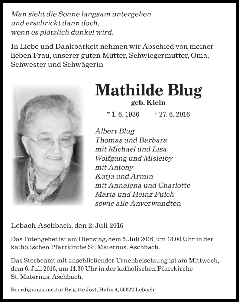  Traueranzeige für Mathilde Blug vom 02.07.2016 aus saarbruecker_zeitung