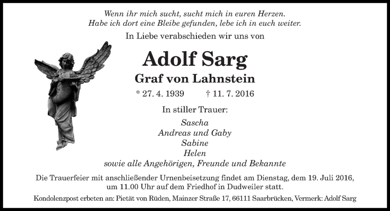  Traueranzeige für Adolf Sarg vom 16.07.2016 aus saarbruecker_zeitung