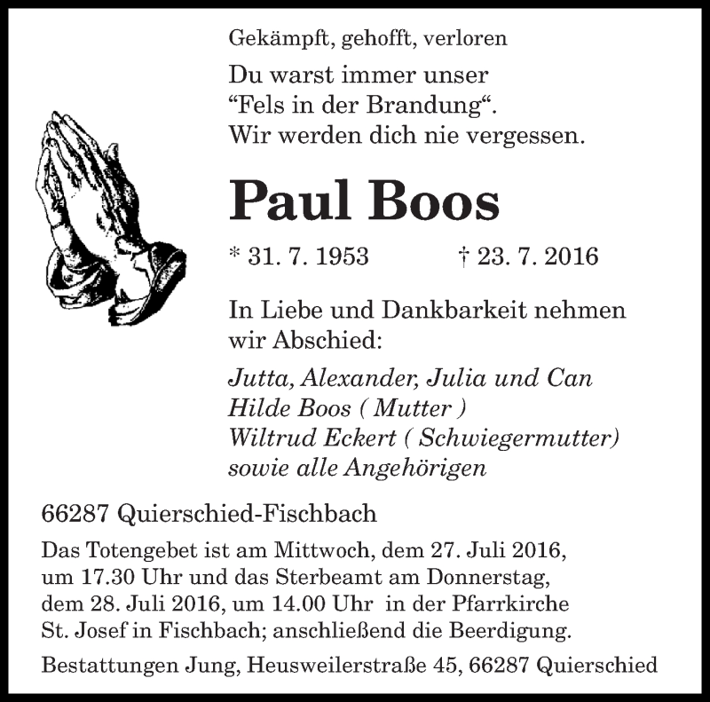  Traueranzeige für Paul Boos vom 26.07.2016 aus saarbruecker_zeitung