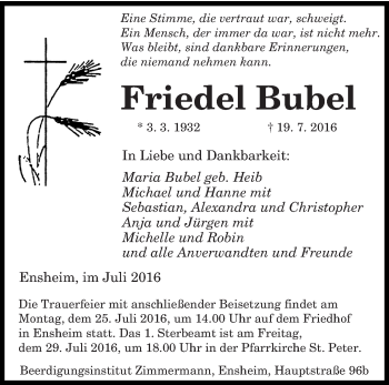 Traueranzeige von Friedel Bubel von saarbruecker_zeitung