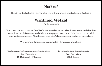 Traueranzeige von Winfried Wetzel von saarbruecker_zeitung