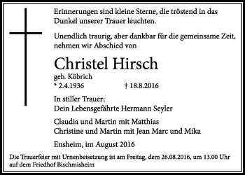 Traueranzeige von Christel Hirsch von saarbruecker_zeitung