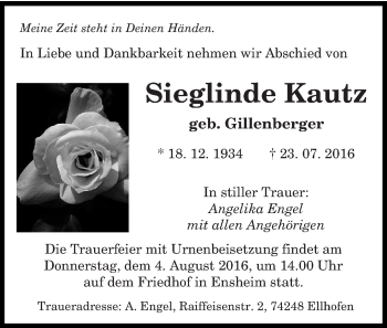 Traueranzeige von Sieglinde Kautz von saarbruecker_zeitung