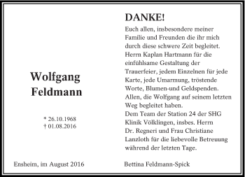 Traueranzeige von Wolfgang Feldmann von saarbruecker_zeitung