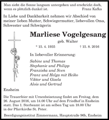 Traueranzeige von Marliese Vogelgesang von saarbruecker_zeitung