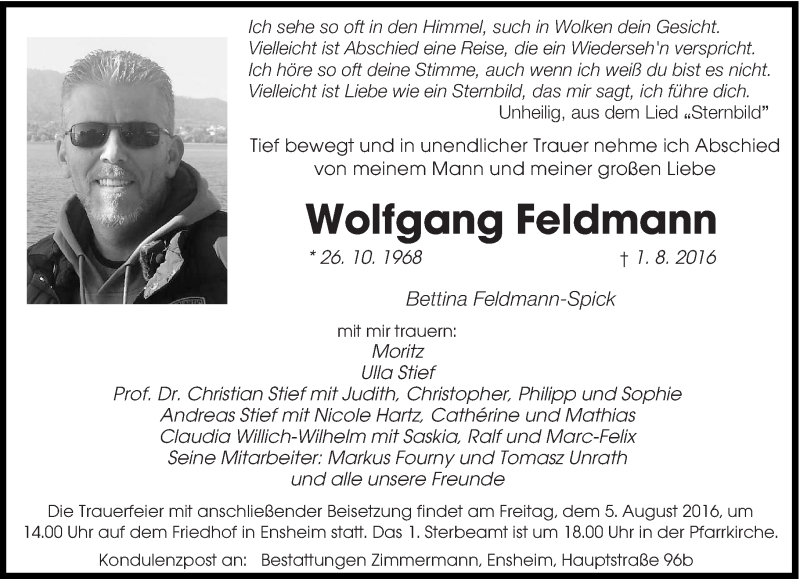  Traueranzeige für Wolfgang Feldmann vom 04.08.2016 aus saarbruecker_zeitung