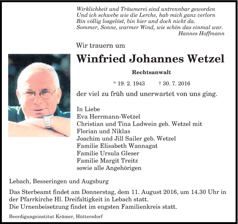  Traueranzeige für Winfried Johannes Wetzel vom 04.08.2016 aus saarbruecker_zeitung