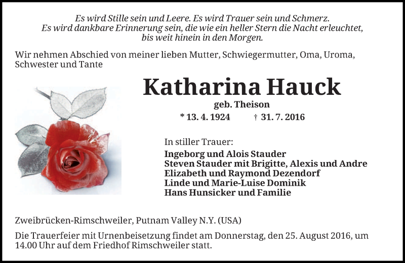 Traueranzeigen Von Katharina Hauck Saarbruecker Zeitung Trauer De