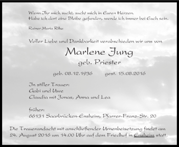 Traueranzeige von Marlene Jung von saarbruecker_zeitung