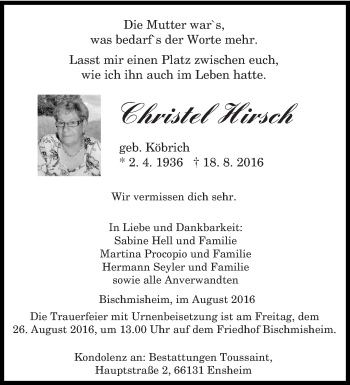 Traueranzeige von Christel Hirsch von saarbruecker_zeitung