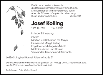 Traueranzeige von Josef Kolling von saarbruecker_zeitung